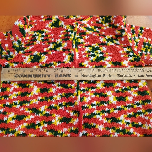 Handmade Cardigan Acrylic Yarn Red Yellow Green White Crochet Approx Size Large - Picture 5 of 8